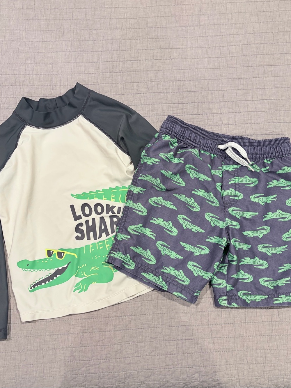 Simple Joys Green Alligator Kids Rashguard Set - Long Sleeve Swim Top & Shorts